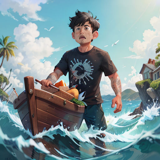 a man standing in the ocean with a boat in his hand and a box of fruit in his hand