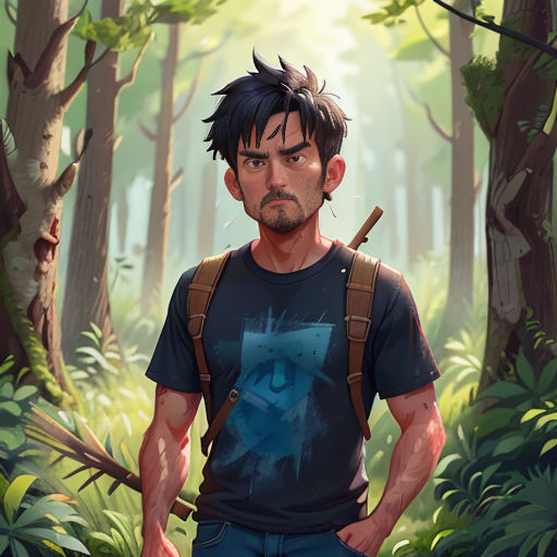 a man with a backpack in a forest with trees and plants on the ground, with a blue triangle on his chest