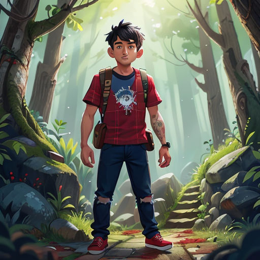 a boy standing in the middle of a forest with a backpack on his shoulder and a backpack on his shoulder