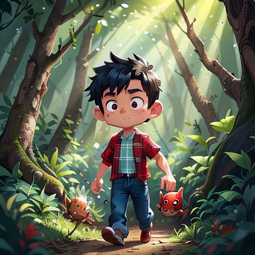 a boy walking through a forest with a red pokemon toy in his hand and a red pokemon toy in his hand