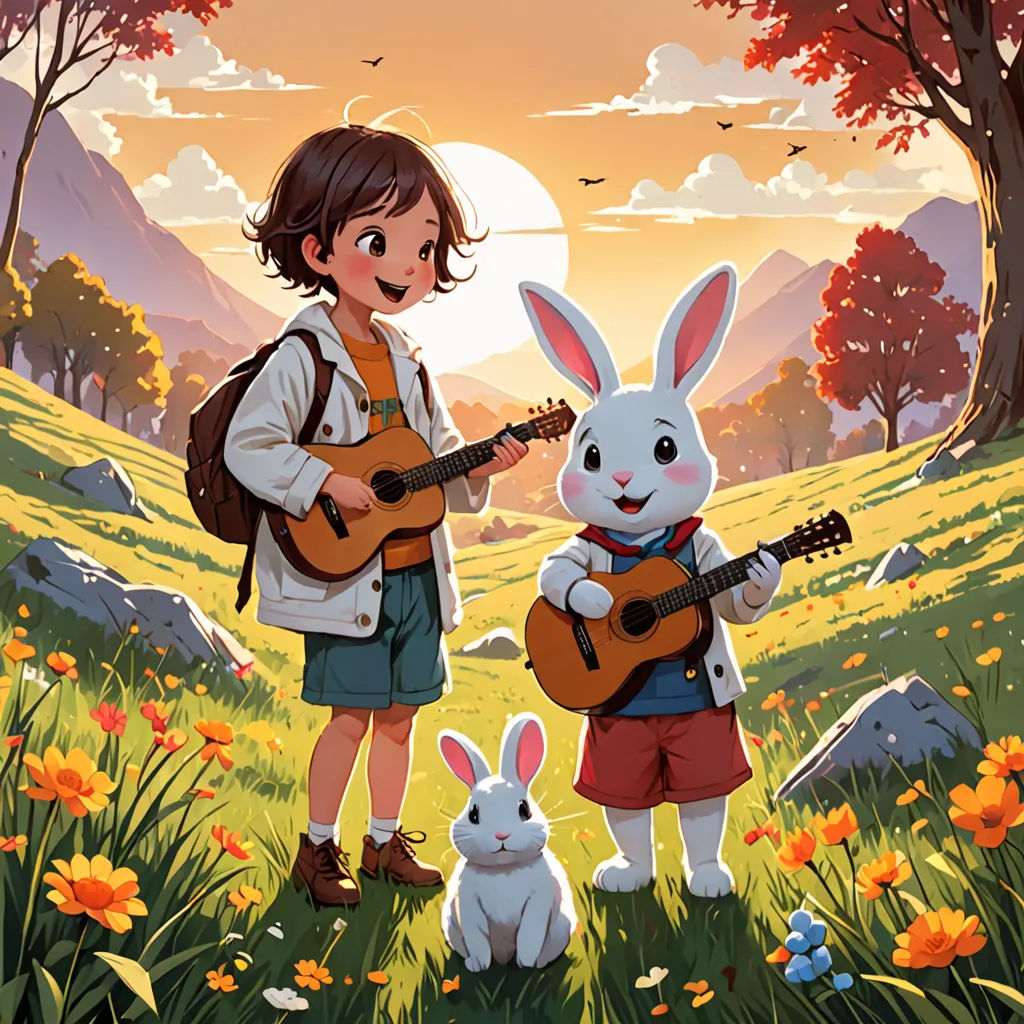 a girl playing a guitar and a bunny playing a guitar in a field with flowers and trees in the background, furry art, a storybook illustration, Alejandro Burdisio, official art