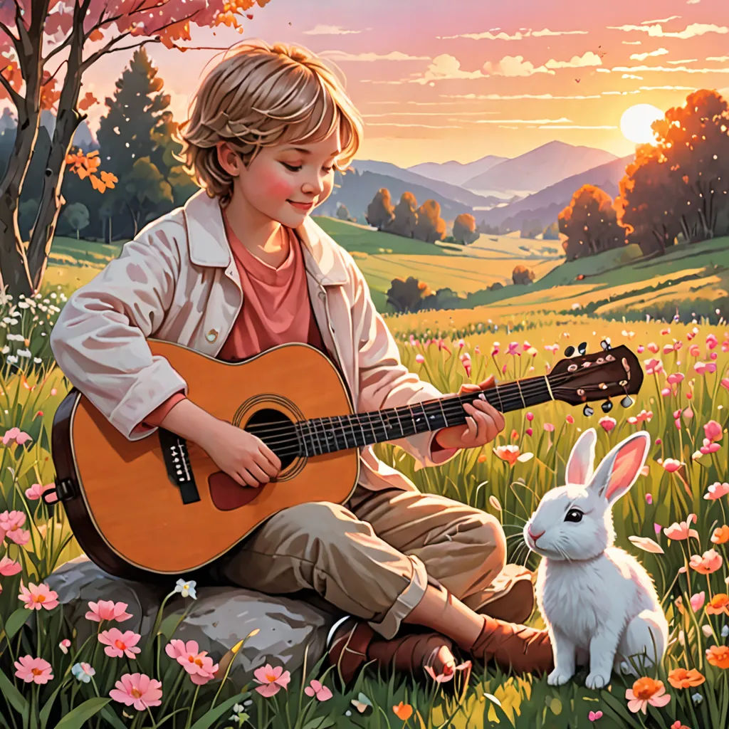 a painting of a boy playing a guitar and a bunny sitting in a field of flowers with a sunset in the background, naive art, a storybook illustration, Aaron Jasinski, professional digital painting