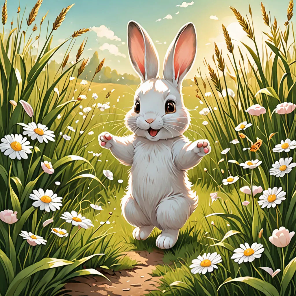 a rabbit is standing in a field of flowers and grass with a sky background and clouds in the background, furry art, a storybook illustration, Chris LaBrooy, rossdraws global illumination
