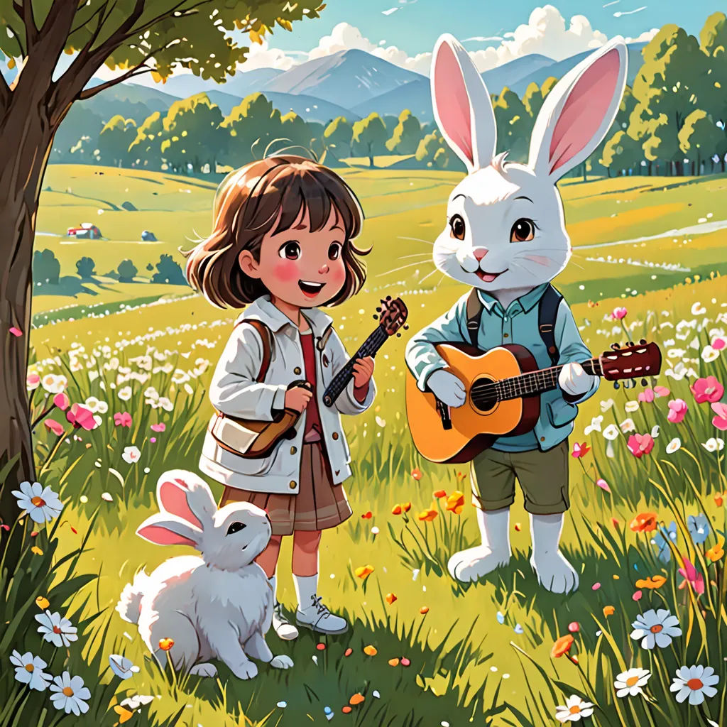a girl playing a guitar next to a bunny and a rabbit playing a guitar in a field of flowers, naive art, a storybook illustration, Diego Gisbert Llorens, official art