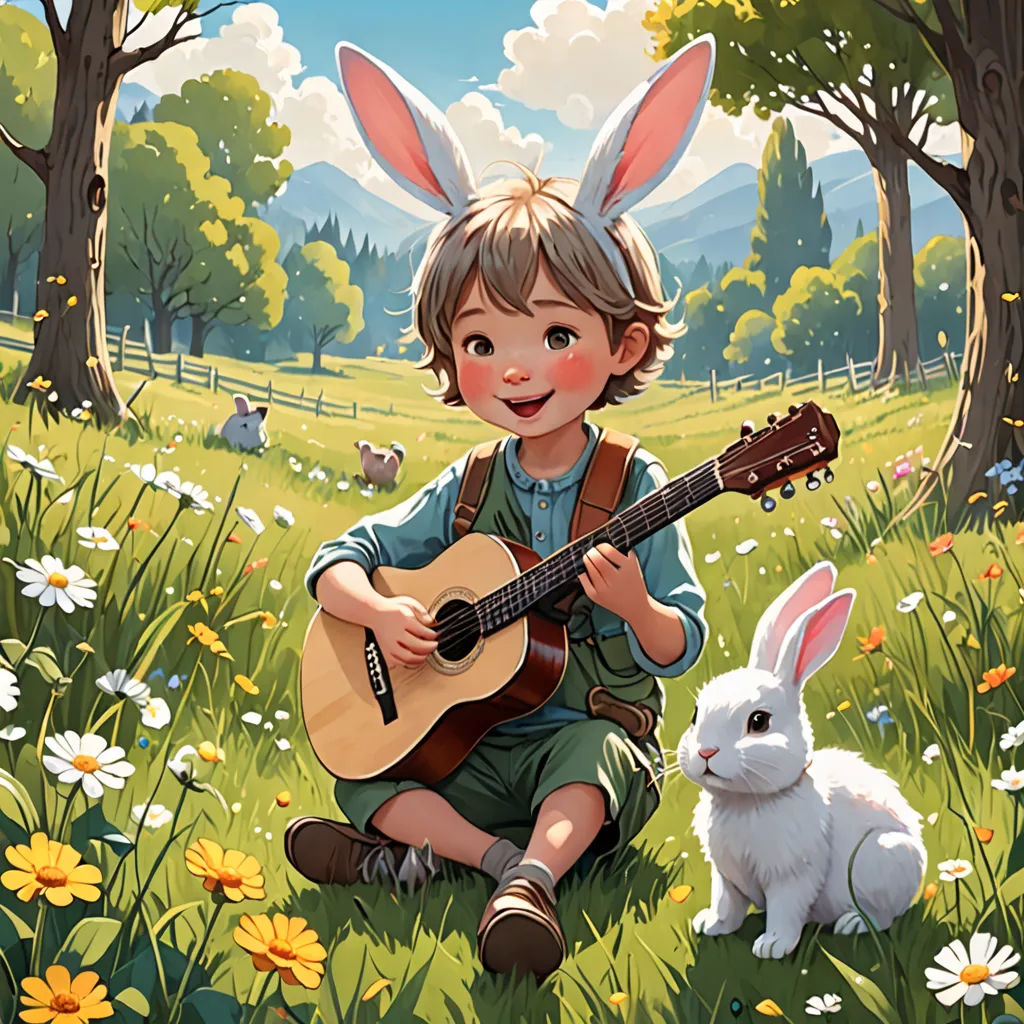 a little boy playing a guitar in a field with a bunny rabbit sitting next to him and a bunny rabbit sitting next to him, fantasy art, a storybook illustration, Aaron Jasinski, official art
