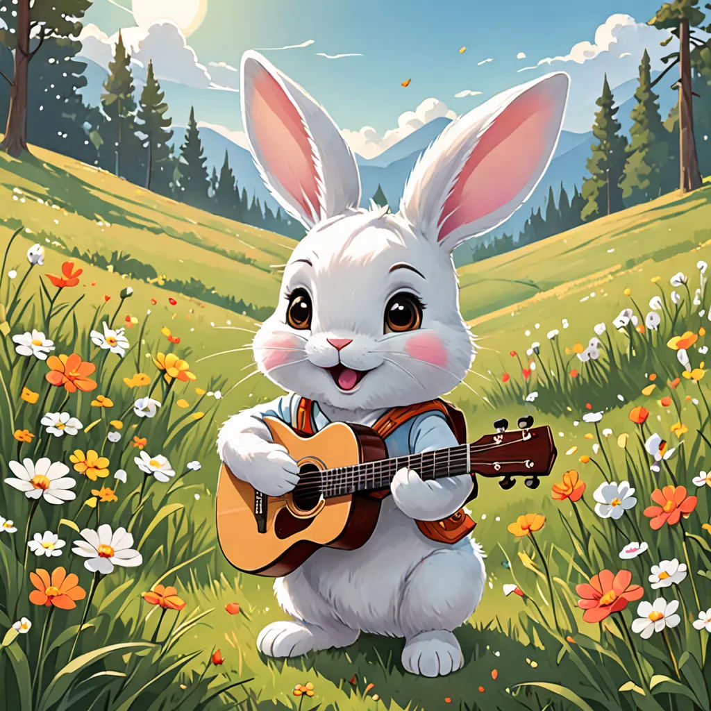 a cartoon bunny playing a guitar in a field of flowers and daisies with a forest in the background, furry art, a character portrait, Chris LaBrooy, official art