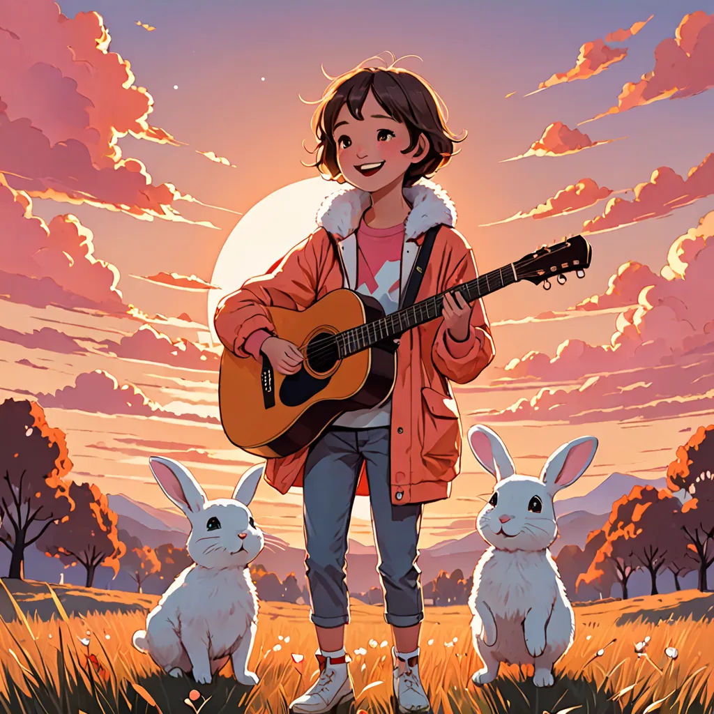 a girl playing a guitar in a field with two rabbits in front of her and a sunset behind her, context art, a storybook illustration, Atey Ghailan, comic cover art