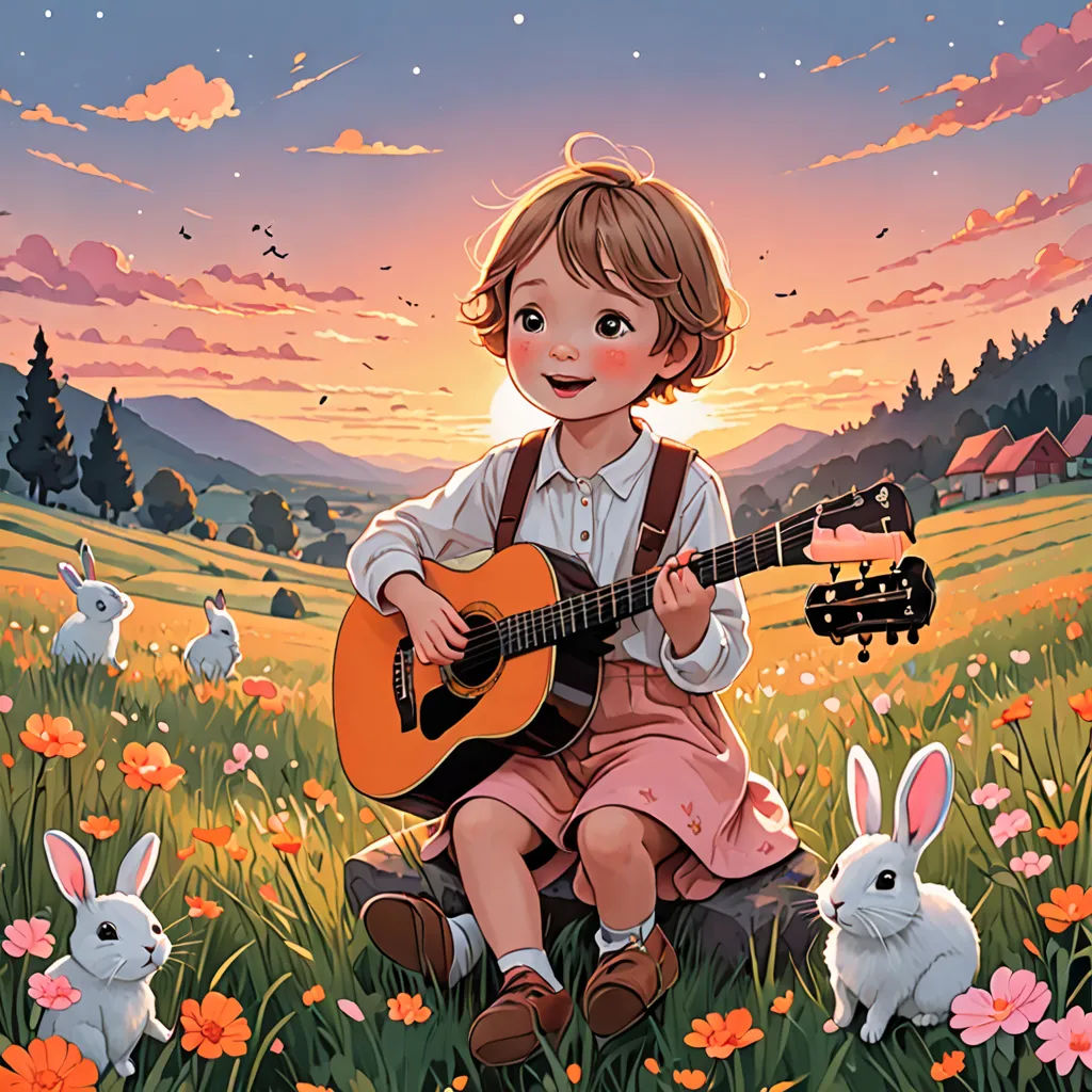 a little girl playing a guitar in a field of flowers with rabbits around her and a sunset in the background, naive art, a storybook illustration, Aaron Jasinski, rossdraws global illumination