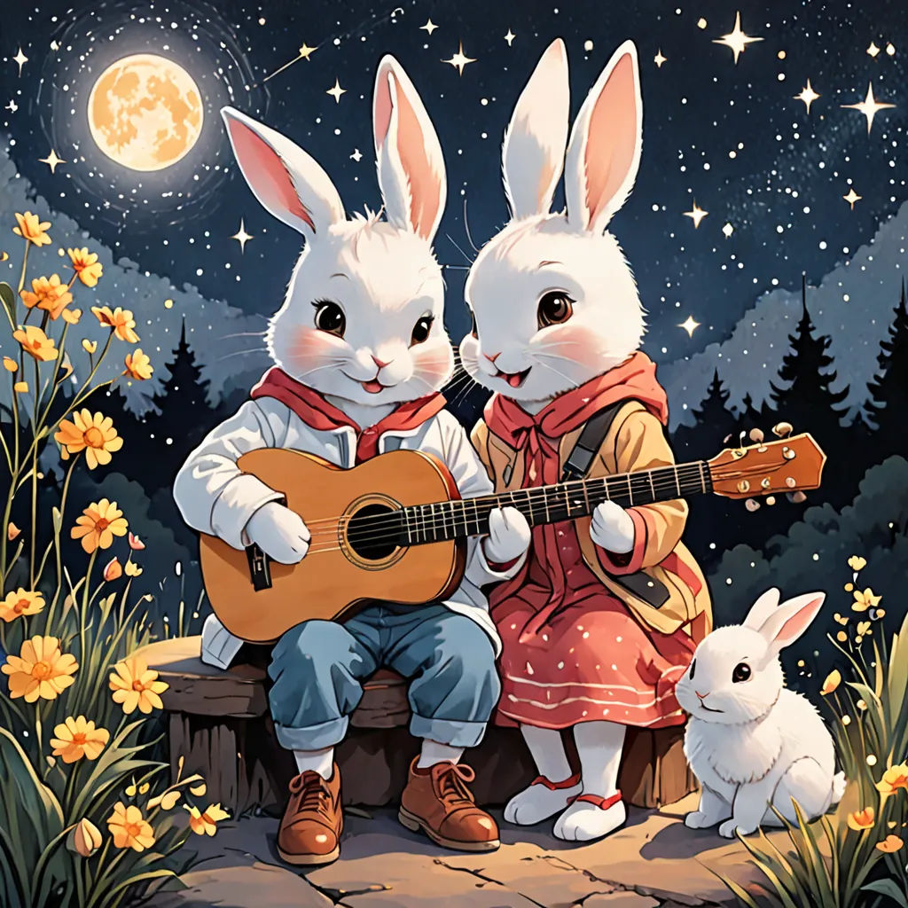 two rabbits are playing guitar and singing to a bunny rabbit on a bench with a bunny rabbit sitting next to them, furry art, a storybook illustration, Beatrix Potter, rossdraws global illumination