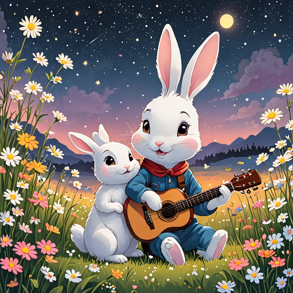 a painting of a rabbit playing a guitar with a bunny sitting next to it on a field of daisies, naive art, a storybook illustration, Beatrix Potter, official art