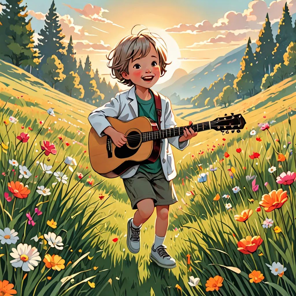 a young boy is playing a guitar in a field of flowers and grass with a sunset in the background, process art, a storybook illustration, Aaron Jasinski, official art