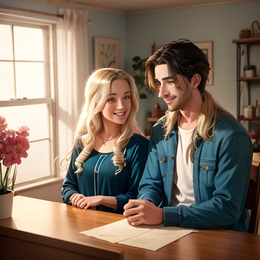 a man and a woman sitting at a table in front of a window smiling at each other and holding hands