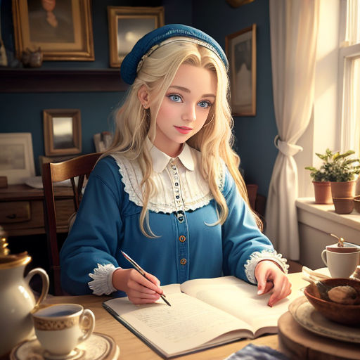 a woman sitting at a table with a book and pen in her hand and a cup of coffee in front of her