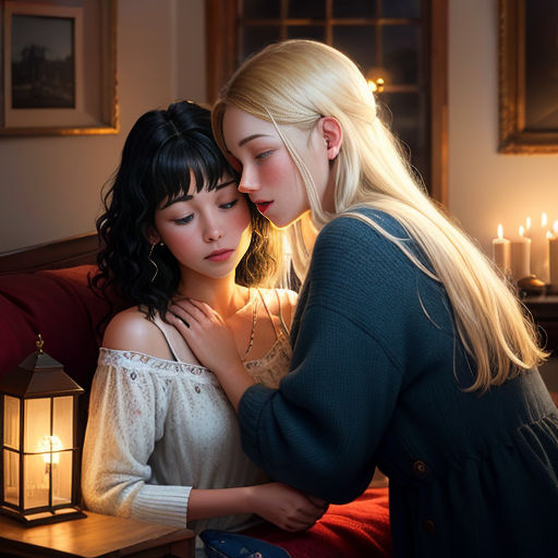 two women are sitting on a couch and one is touching the other's shoulder with a candle in the background