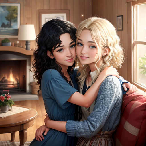 two women hugging each other in a living room with a fireplace in the background and a christmas tree in the background