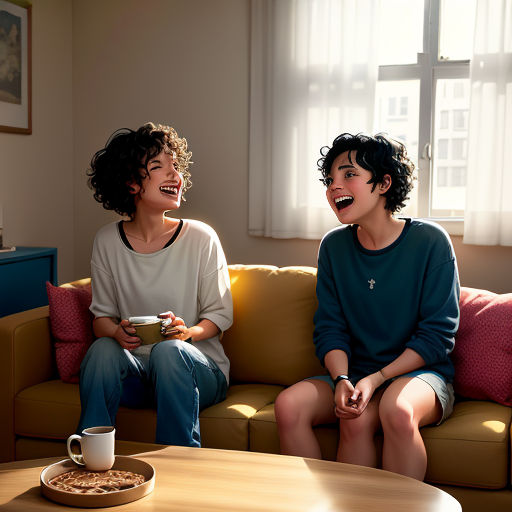 a couple of people sitting on a couch laughing and eating food together in a room with a window and a table