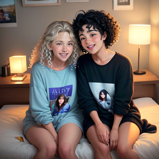 two young women sitting on a bed together smiling at the camera, with a lamp on the side of the bed