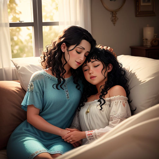 two women sitting on a couch next to each other in a room with a window and a white curtain