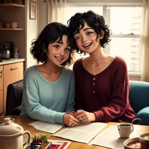 two women sitting at a table with a book and coffee mugs in front of them, both smiling