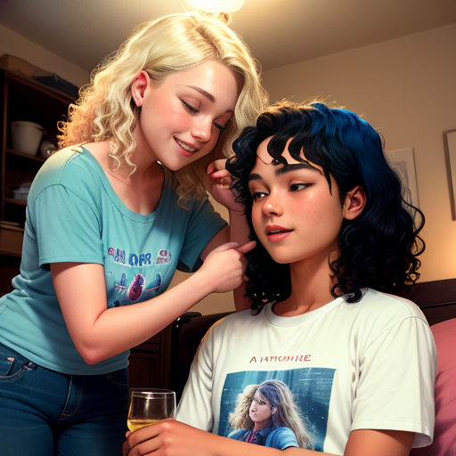 a woman is helping a young girl put on her hair with a comb and a glass of wine in front of her