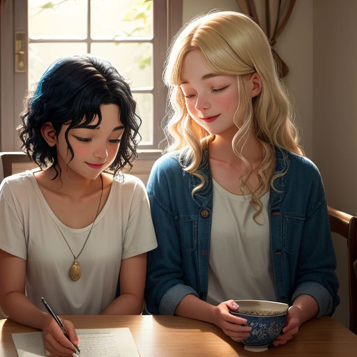 two women sitting at a table writing on a piece of paper and a cup of coffee in front of them