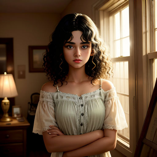 a woman standing in front of a window with her arms crossed and her head turned to the side, with her arms crossed