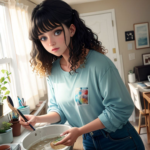 a woman is holding a spoon and mixing a bowl of soup in a kitchen with a window behind her
