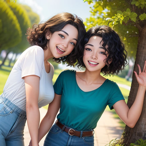 two women standing next to each other near a tree and a sidewalk with a sidewalk sign on it that says,,