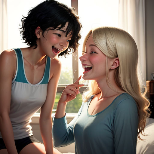 two women are laughing and one is brushing her teeth while the other is brushing her teeth with her hand