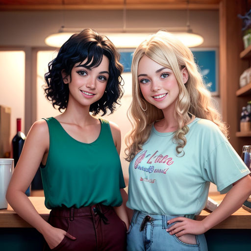 two women standing next to each other in a kitchen next to a counter top with a cup of coffee