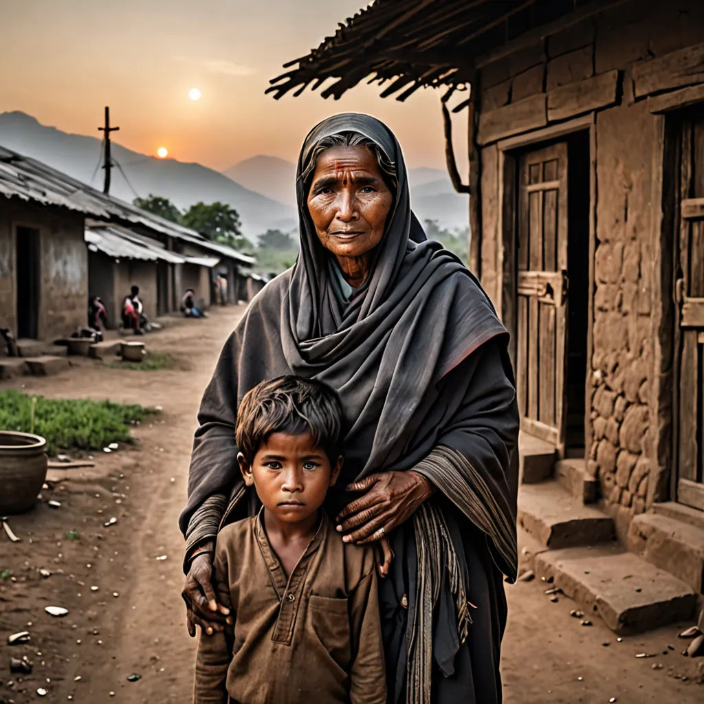 a woman and child standing in front of a building with mountains in the background at sunset or dawn in a village, art photography, a portrait, Bikash Bhattacharjee, award-winning photograph