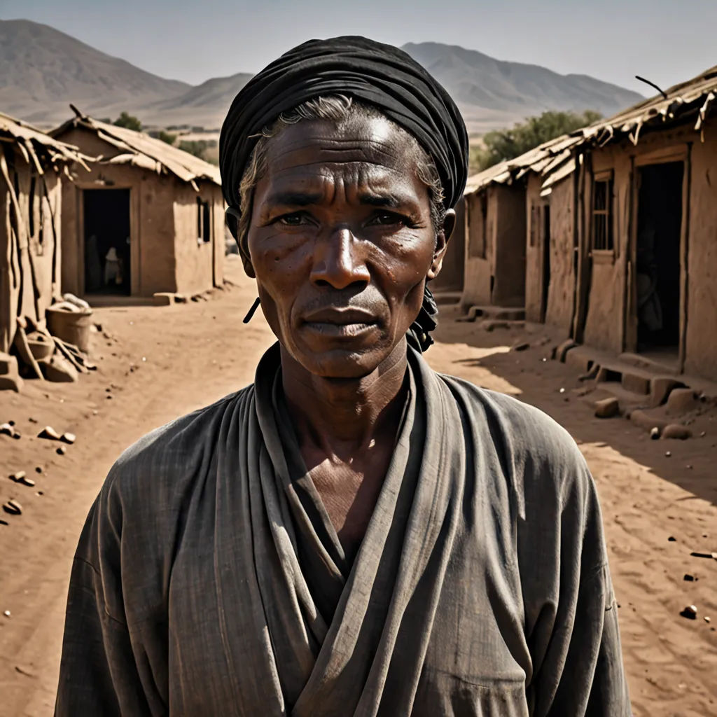 a woman standing in front of a dirt road with a village in the background and mountains in the distance, primitivism, a character portrait, Dorothea Braby, award-winning photograph
