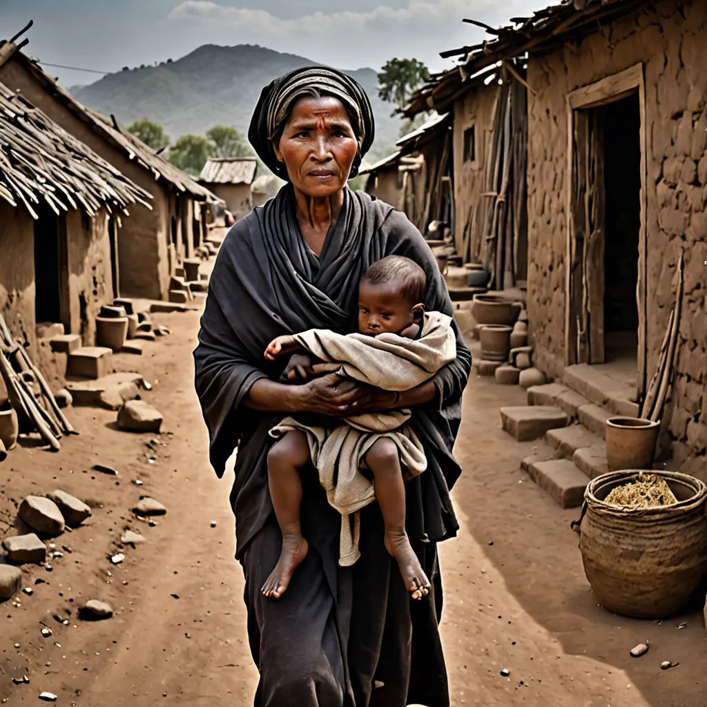 a woman carrying a child in a village in africa, with mountains in the background, and a dirt road, art photography, a photo, Dorothea Braby, award-winning photograph