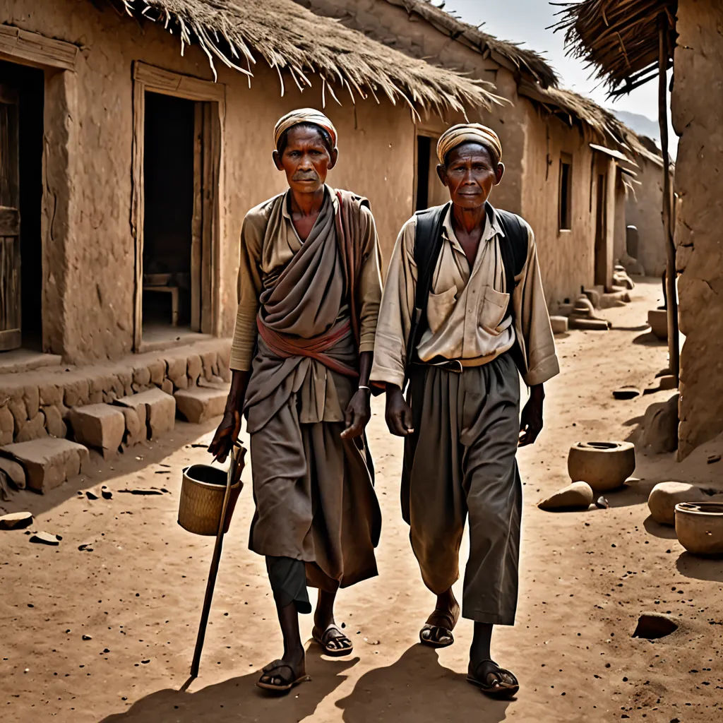 two men walking down a dirt road in front of a hut with thatched roof and a straw roof, samikshavad, a photo, Arie Smit, award-winning photograph