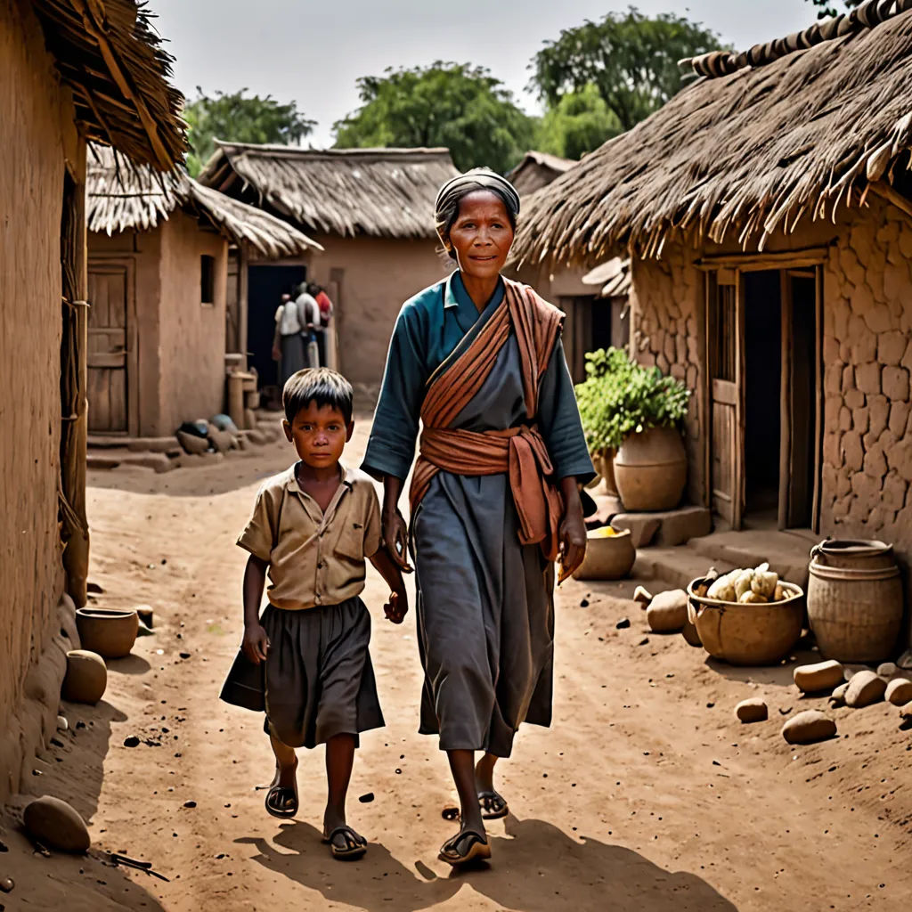 a woman and child walking down a dirt road in front of huts with thatched roofs and a few pots, samikshavad, a storybook illustration, Dorothea Braby, award-winning photograph