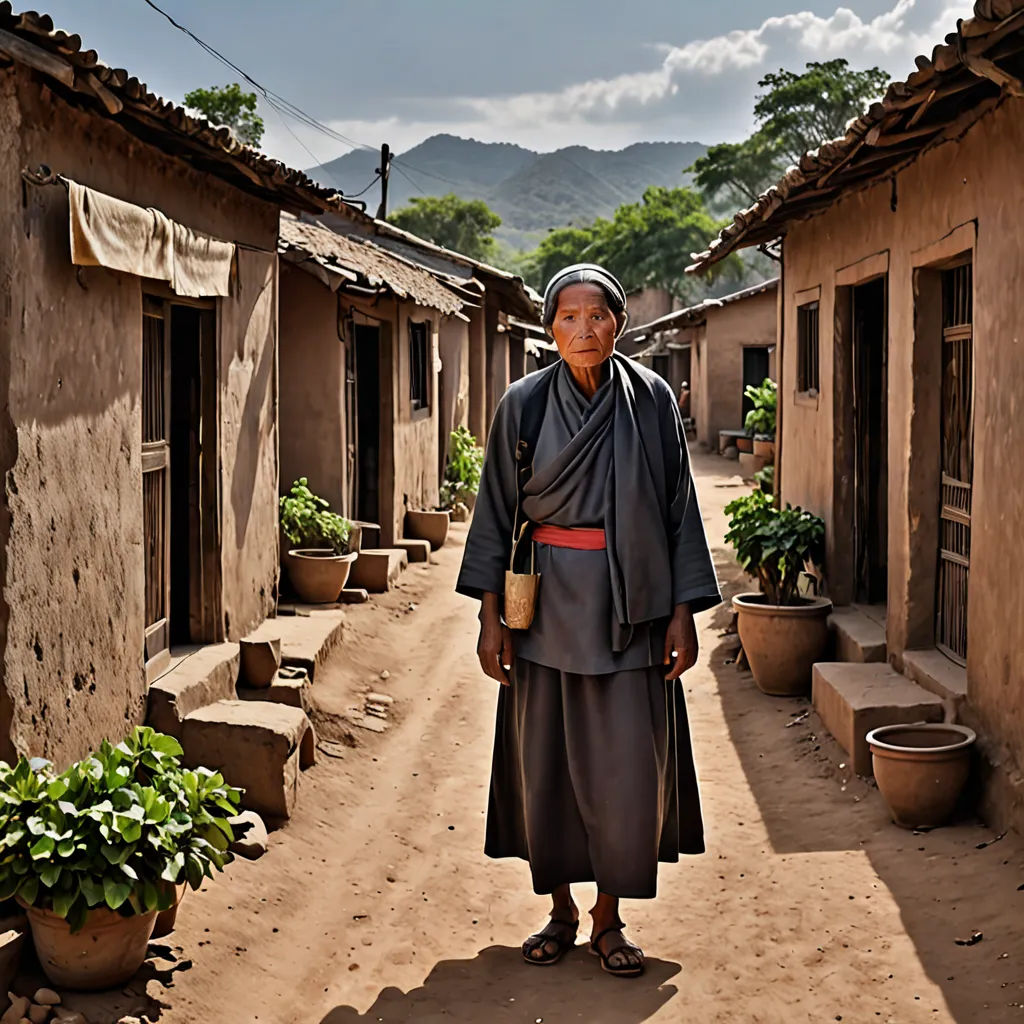 a woman standing in a village with a mountain in the background and a house in the foreground with a potted plant in the foreground, cloisonnism, a photo, Byeon Sang-byeok, award-winning photograph