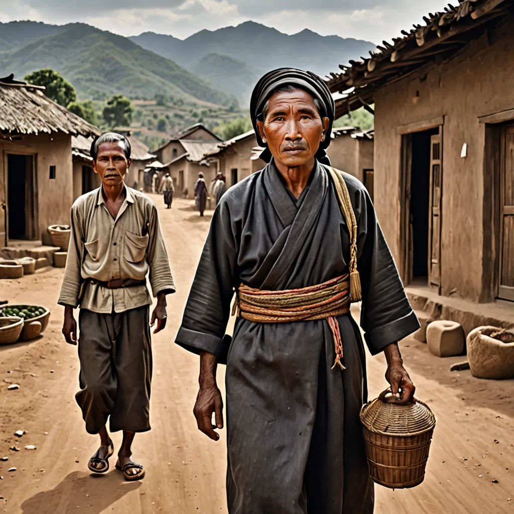 a man walking down a dirt road with a basket in his hand and another man walking down the road, cloisonnism, a photo, Byeon Sang-byeok, award - winning photography
