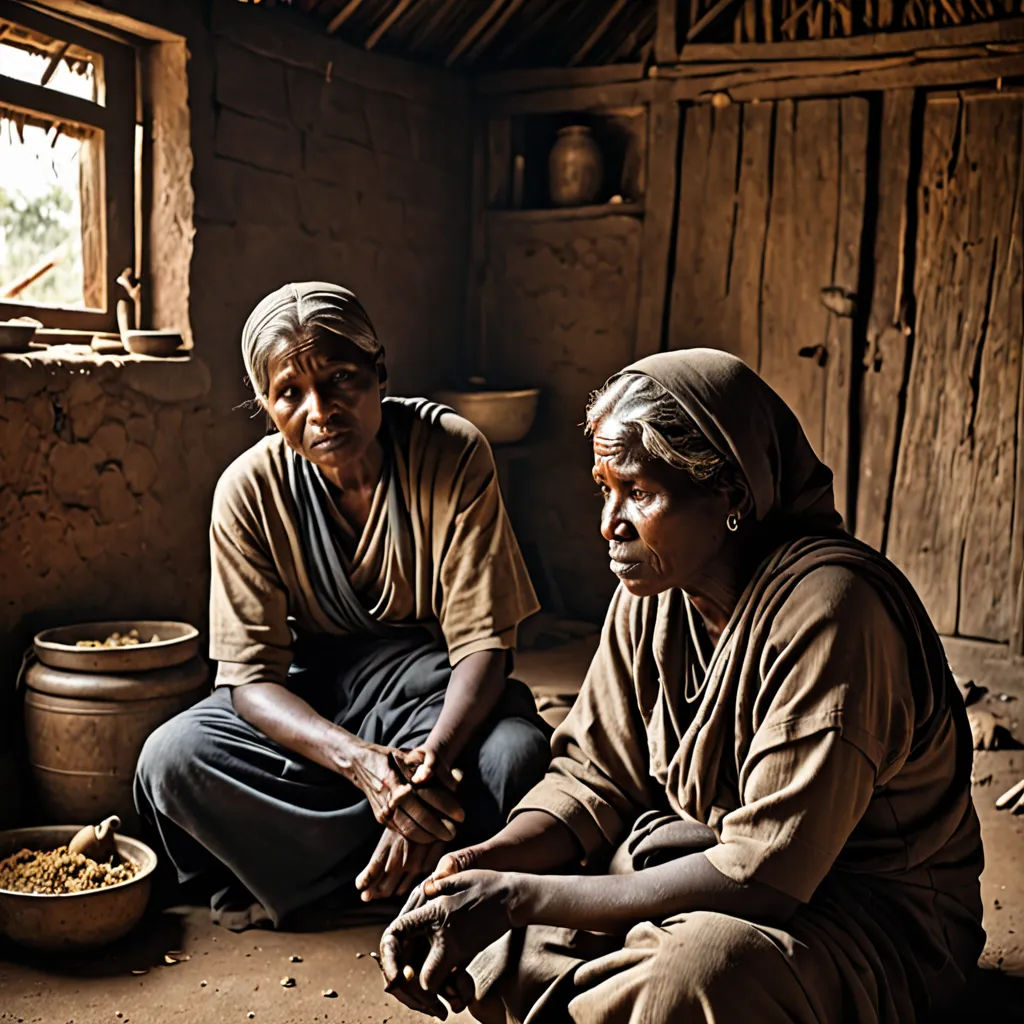 two women sitting on the floor of a hut with a bowl of food in front of them and a bowl of rice in the foreground, samikshavad, a storybook illustration, Ella Guru, award - winning photography