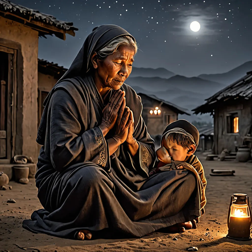 a woman and child sitting on the ground in front of a lit candle and a house at night with a full moon in the sky, art photography, a storybook illustration, Andrew Law, award-winning photograph