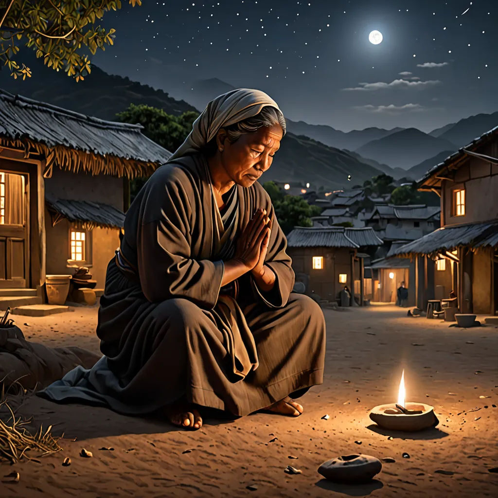 a person kneeling down in front of a lit candle in the dirt with a mountain in the background at night, art photography, a detailed matte painting, Andrew Law, cinematic photography