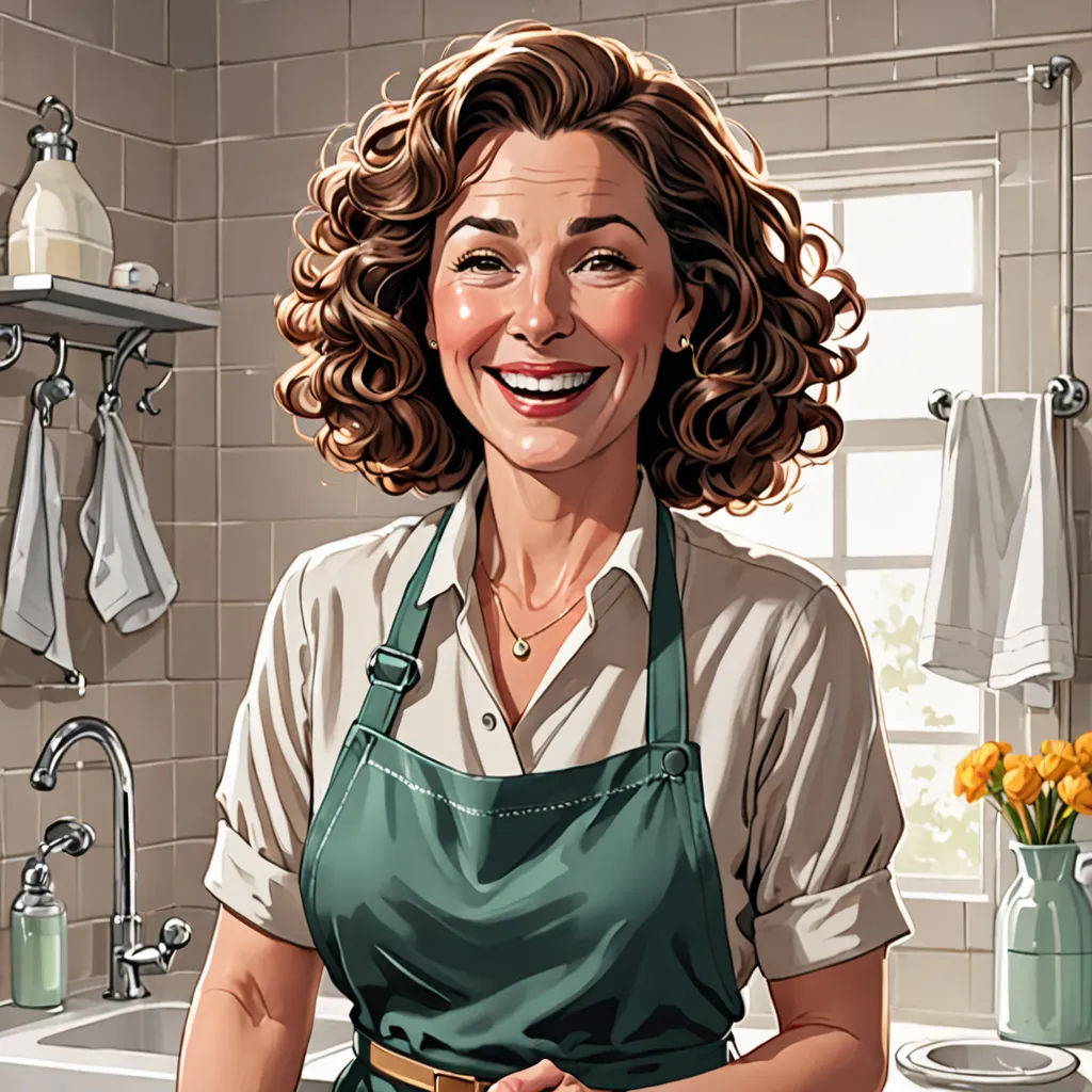 a woman in a green apron standing in a kitchen with a sink and a window behind her and a vase of flowers, photorealism, a character portrait, Dorothy Coke, high detail illustration