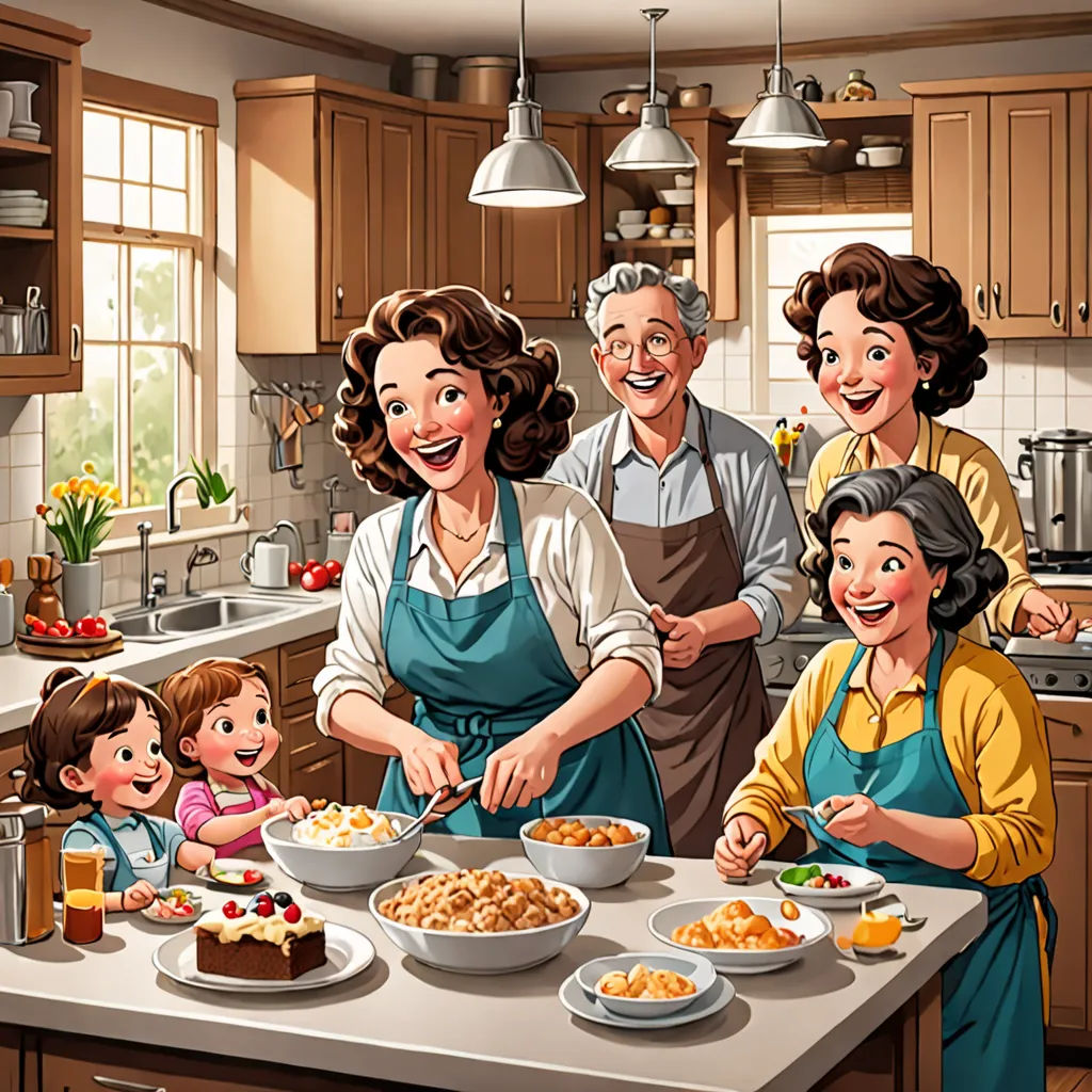 a family is preparing a meal in the kitchen together, with a large cake on the table and a woman standing in front of the table, fantastic realism, a storybook illustration, Diego Gisbert Llorens, detailed illustration