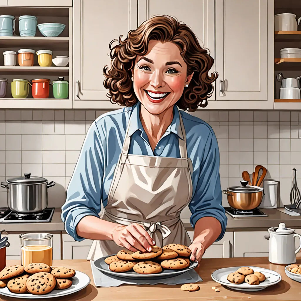 a woman in an apron is making cookies on a table with a plate of cookies on it and a cup of coffee, american realism, a storybook illustration, Chris Ware, high detail illustration