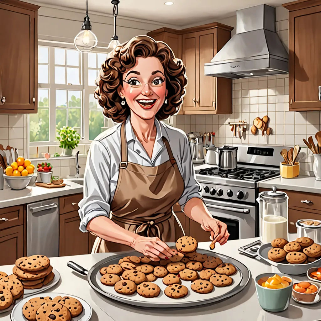 a woman in an apron is making cookies in a kitchen with a lot of other cookies on the counter, american scene painting, a stock photo, Dorothy Coke, game art