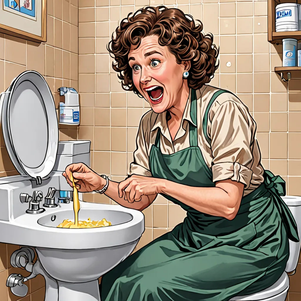 a woman in an apron is eating spaghetti from a toilet bowl in a bathroom with a sink and a toilet, serial art, a stock photo, F Scott Hess, detailed illustration