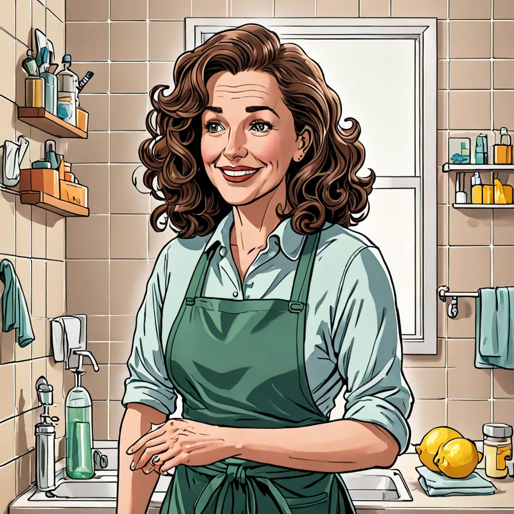 a woman in a green apron standing in a kitchen with a sink and a window behind her, with a yellow lemon on the counter, hyperrealism, a character portrait, Elizabeth Forbes, high detail illustration