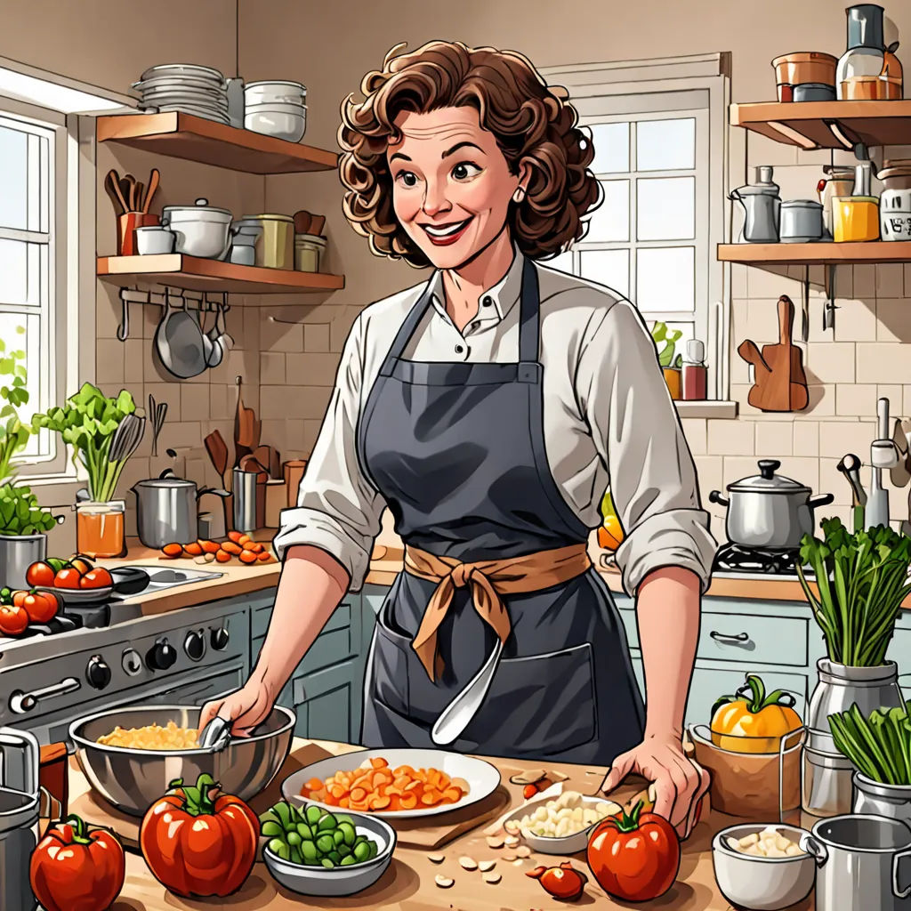 a woman in a kitchen preparing food on a cutting board with a knife and a bowl of vegetables on the counter, sots art, a character portrait, Dorothy King, game art
