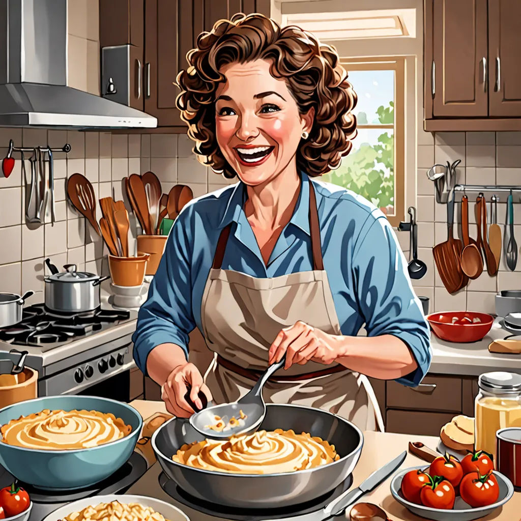 a woman in an apron is cooking in a kitchen with a lot of food on the counter and a pot of food on the stove, american scene painting, a stock photo, Dorothy King, high detail illustration