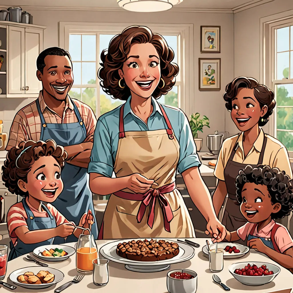 a family is gathered around a table to eat a meal together, with a woman in an apron and two children in the foreground, american realism, a storybook illustration, Bourgeois, official art