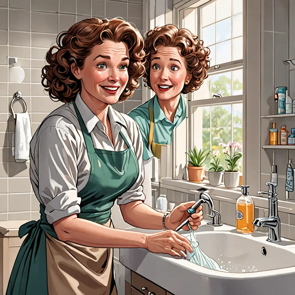 a woman washing her hands in a sink with another woman in the background holding a towel over her head, american scene painting, a storybook illustration, F Scott Hess, high detail illustration